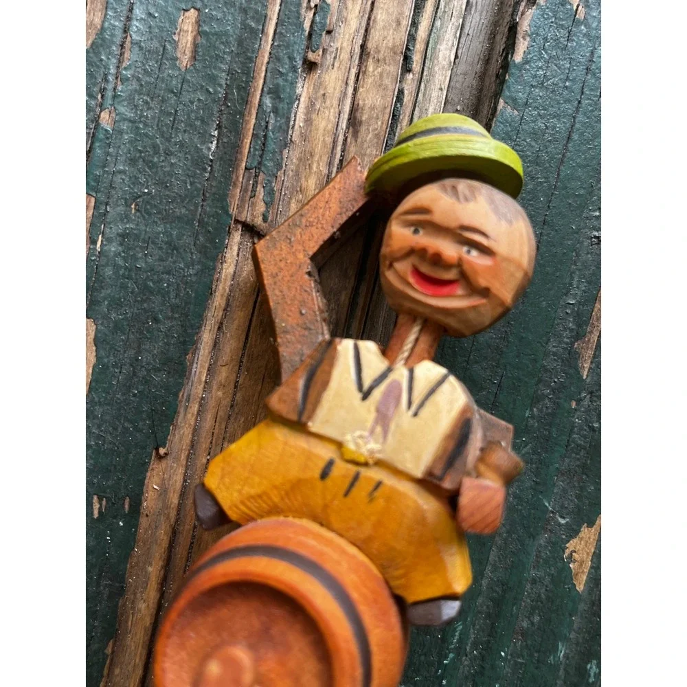 Vintage Hand Carved Wooden Mechanical Bottle Stopper Man on Barrel Lifts Hat